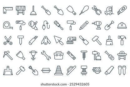 50 linear tools and construction icon pack. vector thin line buffing hine, road block, unclog, screw driver, shovel, trovel, tool icons suitable for apps and websites ui designs.