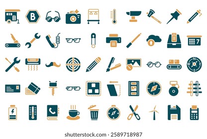 50 linear tools and utensils icon pack. vector thin line hair iron, bold, optical, camera with flash, clothes rack, thermometers, metal icons suitable for apps and websites ui designs.