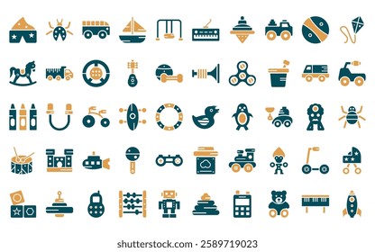 50 linear toys icon pack. vector thin line duck toy, ladybug toy, bus toy, boat swing piano spinning top icons suitable for apps and websites ui designs.
