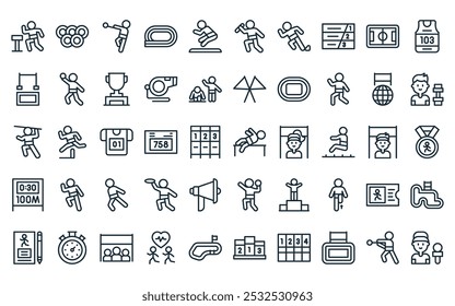 50 linear track and field icon pack. vector thin line athlete, games, athelete, track, athlete, athlete, icons suitable for apps and websites ui designs.