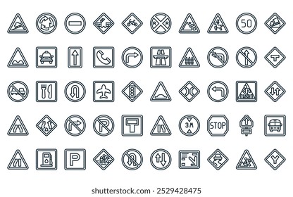 50 paquete de iconos de señales de tráfico lineales. Vector de línea delgada joroba, rotonda, sin entrada, puente, bicicleta, cruce de ferrocarril, caída de rocas iconos adecuados para App y Sitios web.