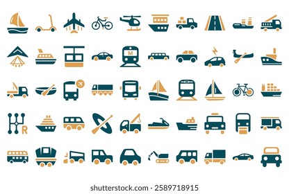 50 linear transportation icon pack. vector thin line pt boat, kick scooter, jetliner, bike, helicopter, houseboat, pickup icons suitable for apps and websites ui designs.