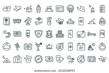 50 linear travel icon pack. vector thin line resort, aviation, photo camera, suitcase, mountain, postcard, restaurant icons suitable for apps and websites ui designs.