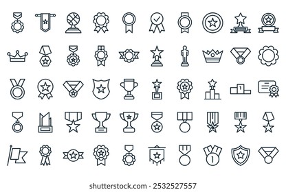 50 paquete de iconos de trofeos lineales. Vector de línea delgada ganador, banderín, trofeo, trofeo, iconos adecuados para App y Sitios web.