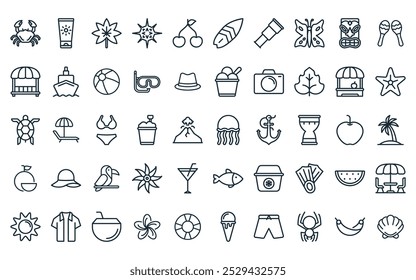 50 linear tropical icon pack. vector thin line jellyfish, sunscreen, palm leaves, sea urchin, cherries, suroard, spyglass icons suitable for apps and websites ui designs.