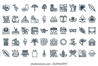 50 linear tropical icon pack. vector thin line hawaiian, flamingo, papaya, umbrella, anthurium, pine, rainforest icons suitable for apps and websites ui designs.