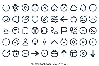 50 linear ui essential icon pack. vector thin line phone, cpu, lock, note, camera, home, note icons suitable for apps and websites ui designs.