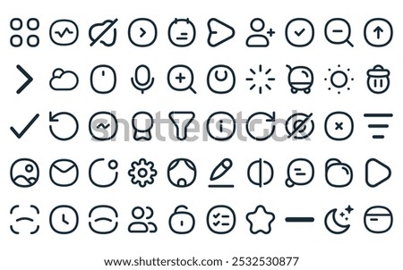 50 linear ui essential icon pack. vector thin line info, presentation, volume, back, note, send, add user icons suitable for apps and websites ui designs.