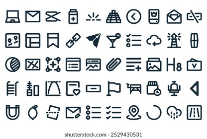 50 lineares ui Icon Pack. Vektor Thin Line Link, E-Mail, Editor, Medizin, Wirkung, Maya, links Symbole geeignet für Apps und Websites ui Designs.