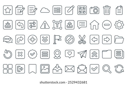 50 lineares ui ícone pack. bloco de linha fina vetor, papel escrito, escrever, nuvem, lista, editar, expandir ícones adequados para aplicativos e sites projetos de iu.