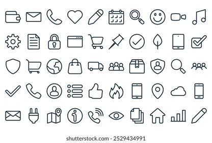 50 linear ui icon pack. vector thin line community, envelope, telephone, love, pencil, calendar, search icons suitable for apps and websites ui designs.