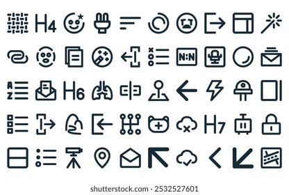 50 linear ui icon pack. vector thin line location, title, eye makeup, lamp, menu, loading, crying baby icons suitable for apps and websites ui designs.