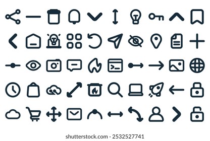 50 linear ui icon pack. vector thin line coding, substract, delete, bell, down, resize, bulb icons suitable for apps and websites ui designs.