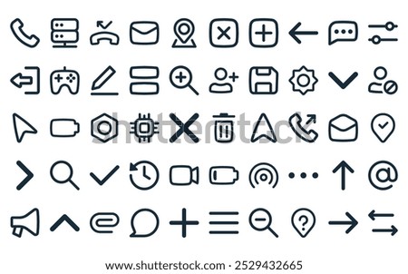 50 linear ui icon pack. vector thin line trash, server, phone call, envelope, map, cancel, add icons suitable for apps and websites ui designs.