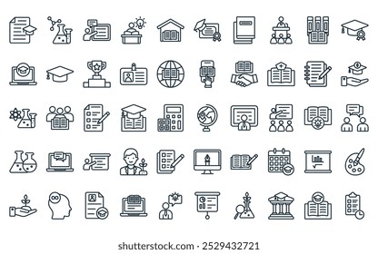 50 linear university icon pack. vector thin line geography, chemistry, explain, studying, homework, diploma, books icons suitable for apps and websites ui designs.