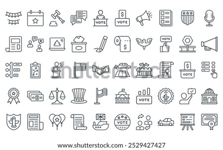 50 linear usa icon pack. vector thin line car, calendar, law, communication, speech, vote, announcing icons suitable for apps and websites ui designs.