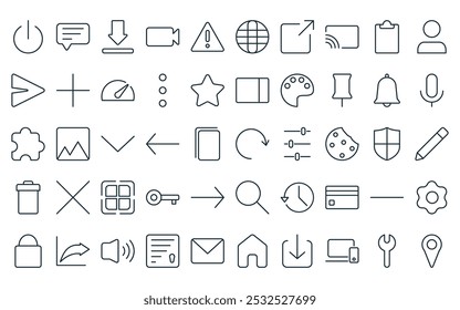 50 linear user interface icon pack. vector thin line refresh, message, download, camera, warning, web, share icons suitable for apps and websites ui designs.
