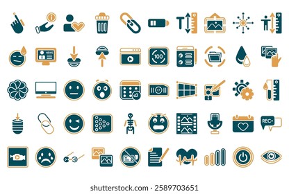 50 linear user interface icon pack. vector thin line upload button, left turn, round location indicator, blank left arrow, expand arrows, selectioned circle, 1 pete icons suitable for apps and