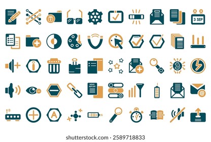 50 linear user interface icon pack. vector thin line rounded point star, lace, unlock folder, square glasses, tings cog, check box, white balance icons suitable for apps and websites ui designs.