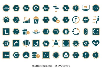 50 linear user interface icon pack. vector thin line turn left only, semicircular up arrow, swirly arrow, right curve, scribble broken line, road, curved up arrow icons suitable for apps and
