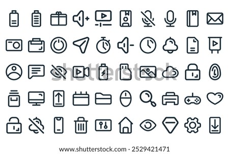 50 linear user interface icon pack. vector thin line memory card, full battery, gift, volume up, video play, contact book, mute icons suitable for apps and websites ui designs.