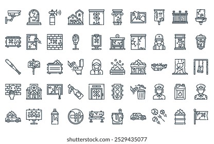 50 linear vandalism collection. icon pack. vector thin line tire, vandalism, air horn, house, vandalism, icons suitable for apps and websites ui designs.