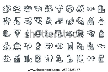 50 linear vegan icon pack. vector thin line smoothy, lose weight, salad, veganism, peanut, broccoli, vegan store icons suitable for apps and websites ui designs.