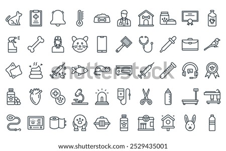 50 linear veterinary icon pack. vector thin line weighing scale, medical report, bell, thermometer, dog food, doctor, dog house icons suitable for apps and websites ui designs.