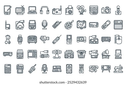 50 linear vintage devices icon pack. vector thin line game console, old tv, mobile computer, headphone, analogue camera, instant camera, video camera icons suitable for apps and websites ui designs.