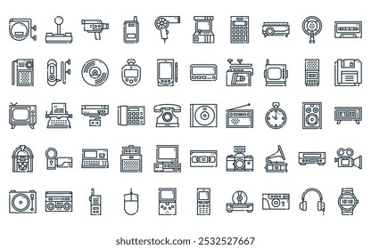 Paquete de iconos de 50 dispositivos vintage lineales. Vector Video de DVD de línea delgada, joystick, cámara, teléfono plegable, secador de pelo, juego de arcade, iconos de calculadora adecuados para App y Sitios web. diseños de interfaz de usuario.