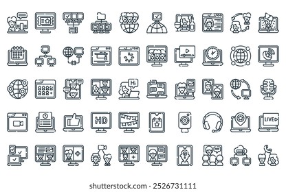 50 linear virtual event icon pack. vector thin line online chat, invite, server, share, users, connect, holiday icons suitable for apps and websites ui designs.