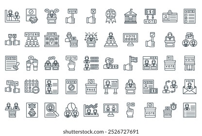 50 linear voting and election icon pack. vector thin line corrupt, agreement, speech, placard, vote no, ribbon, government building icons suitable for apps and websites ui designs.