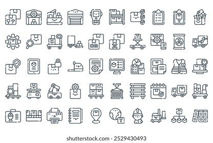 50 lineares ícone de gerenciamento de depósito pack. vetor linha fina ordem on-line, depósito, navio, depósito, pda, prateleira, ícones de verificação adequados para aplicativos e sites projetos de iu.