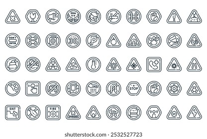50 señales de advertencia lineales y paquete de iconos de textos. Vector de radiación óptica de línea delgada, frágil, sin sonido, distancia, no entre en pánico, no fumar, iconos ferroviarios adecuados para App y Sitios web.