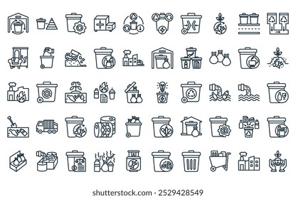 50 linear waste disposal icon pack. vector thin line renewable energy, waste management, waste management, compactor, treatment, zero icons suitable for apps and websites ui designs.