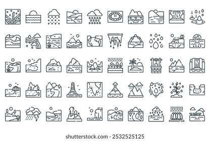 50 água linear no pacote de ícones da natureza. inundação de linha fina vetor, mar, neve, mar, chuva, fonte quente, ícones de águas subterrâneas adequados para projetos de ui de aplicativos e sites.