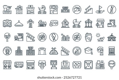 50 linear wayfinding icon pack. vector thin line city, gift box, phary, baby carriage, restaurant, casino, no video icons suitable for apps and websites ui designs.