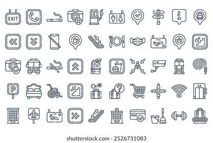 50 paquete de iconos de orientación lineal. Vector de comida rápida de línea delgada, teléfono, sala de fumadores, sin cámara, gasolinera, inodoro, check in iconos adecuados para App y Sitios web.