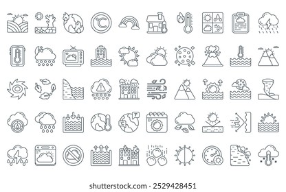 50 linear weather icon pack. vector thin line windy, drought, warming, celsius, rainbow, home, fire icons suitable for apps and websites ui designs.