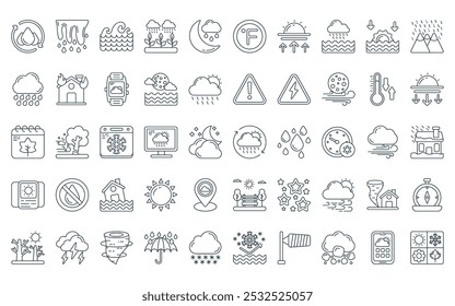 50 paquete de iconos de Clima lineal. Vector de línea delgada en parte, derretimiento, olas de agua, lluvia, noche lluviosa, temperatura, iconos de salida del sol adecuados para App y Sitios web.