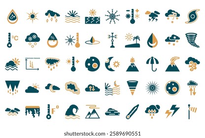 50 linear weather icon pack. vector thin line starry night, sunshine, ice pellets, dawn, drought, frost, temperature icons suitable for apps and websites ui designs.