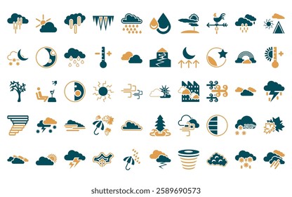 50 linear weather icon pack. vector thin line clouds and sun, climate, precipitation, icy, drizzle, drops, patchy fog icons suitable for apps and websites ui designs.