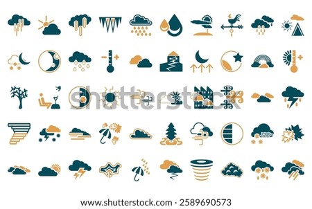 50 linear weather icon pack. vector thin line clouds and sun, climate, precipitation, icy, drizzle, drops, patchy fog icons suitable for apps and websites ui designs.