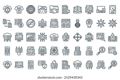 Paquete de iconos de alojamiento de Web lineales de 50 Vectores de velocidad de línea delgada, seguridad en la nube, DNS, carpetas, copias de seguridad de archivos, SSL, iconos antivirus adecuados para App y Sitios web.