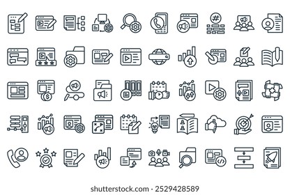 50 linear website marketing icon pack. vector thin line on time, video advertising, content management, content management system, search, phone, content marketing icons suitable for apps and