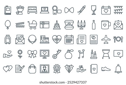 50 linear wedding icon pack. vector thin line calendar, arrangement, bed, heart, device, clips, carnival icons suitable for apps and websites ui designs.