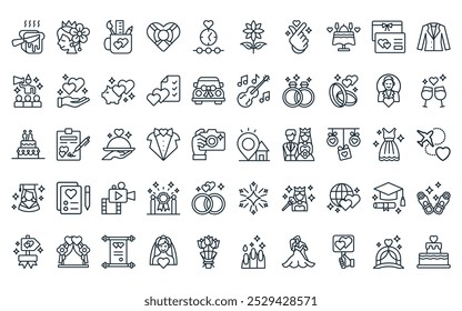 50 linear wedding service icon pack. vector thin line venue, hair bun, stationery, wedding favors, timeline, flower, love icons suitable for apps and websites ui designs.