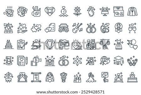 50 linear wedding service icon pack. vector thin line venue, hair bun, stationery, wedding favors, timeline, flower, love icons suitable for apps and websites ui designs.