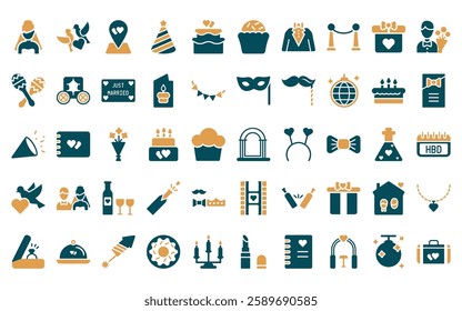 50 linear weddingandlove icon pack. vector thin line wedding altar, love birds, wedding location, party hat, wedding cake, muffin, suit icons suitable for apps and websites ui designs.