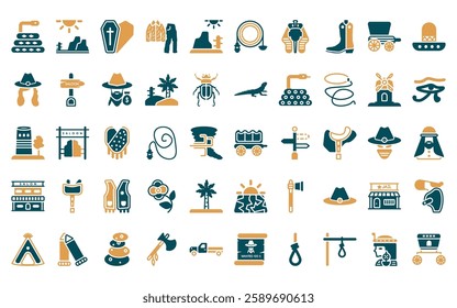 50 linear wild west icon pack. vector thin line wild west cart, desert landscape, wooden coffin, fatigue, prefect, whip, pharaoh icons suitable for apps and websites ui designs.